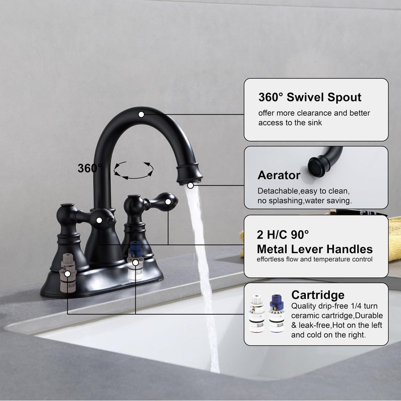 Derengge Two Handle Bathroom Sink Faucet - Matte Black 3 Hole with Overflow Pop up Drain, 360 Swivel Spout, Centerset Lavatory Faucet, F-4501-MT - Image 4
